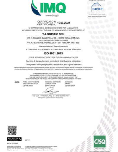 Certificato ISO 9001:2015 rilasciato da IMQ a Y-LOGISTIC SRL per servizi di trasporto e logistica