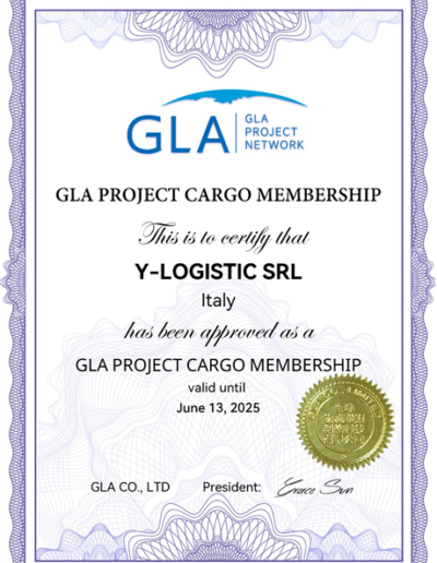 Certificato GLA Project Cargo per Y-LOGISTIC SRL – Membro approvato fino al 13 giugno 2025