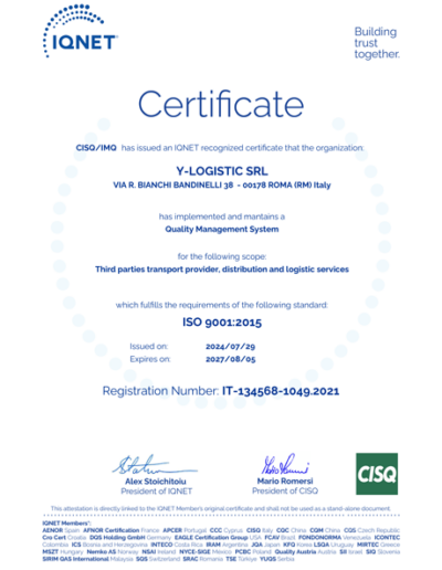 Certificato IQNet ISO 9001:2015 per Y-LOGISTIC SRL – Servizi di trasporto e logistica certificati